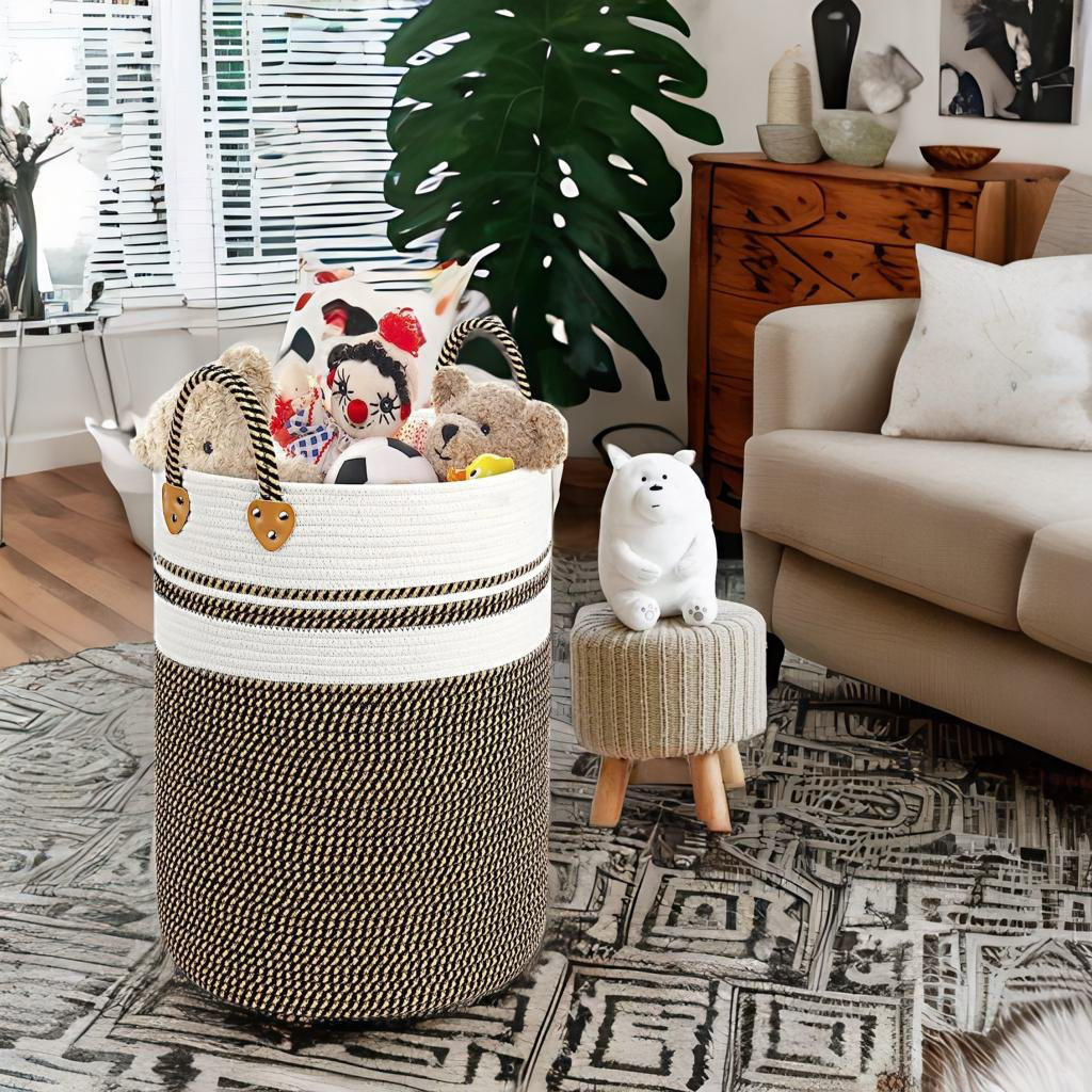 Goodpick Black Woven Rope Laundry Basket, Tall Modern Laundry Hamper for Clothes, Blankets, Toys, Towels, Pillows, Laundry Bin for Living Room