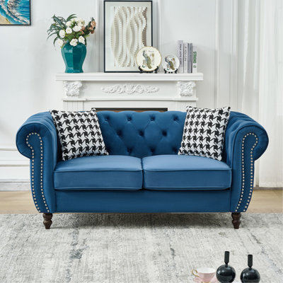 65"Chesterfield ‌Velvet Upholstery Fabric Sofa With Roll Armrest & Nailhead,Upholstered Mid Century Modern Couch,2 Seater Couch For Living Room, Office, Apartment,Blue