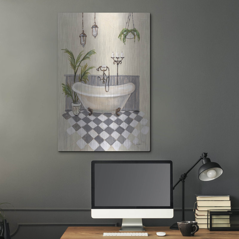  «Gray Cottage Bathroom 1» par Silvia Vassileva, art mural en métal, 24 po x 36 po