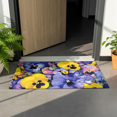 Welcome Mat 17X29 Inch Spring Summer Outdoors Indoors Front Door Mat, Low Profile Doormat For Outside Inside Home Entrance, Non Slip Rubber Back Floor Rugs For Entryway, Pansy