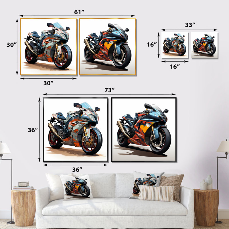Orange et noir Sleek Speed Moto I - ensemble d'art mural toile sur toile 2 pièces, Encadrement doré