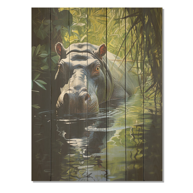 Hippopotame secret d'Hippopotame III - Hippopotame sur bois, H 44 po x l 34 po