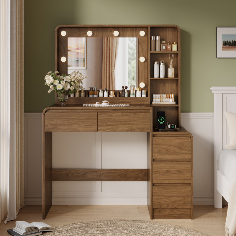 Meuble-lavabo moderne en noyer de 39 po avec miroir à 3 lumières DEL réglables et station de charge multi-ports, 5 tiroirs et tablettes de rangement ouvertes
