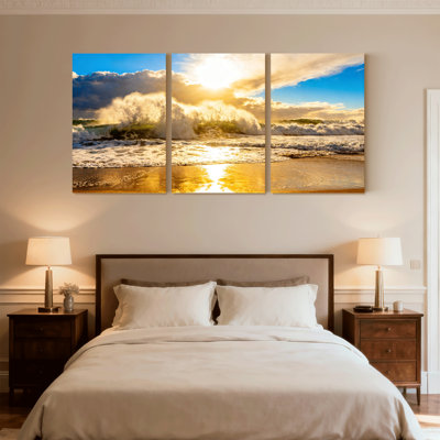 Plage, coucher de soleil, océan, vagues, plage, ciel, nuages, réflexion, lumière dorée, ensemble de 3 impressions sur toile