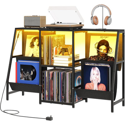 Support pour tourne-disque avec lumières à DEL et rangement en vinyle pour 280 albums, console multimédia à 3 niveaux avec design industriel pour le salon et la chambre à coucher
