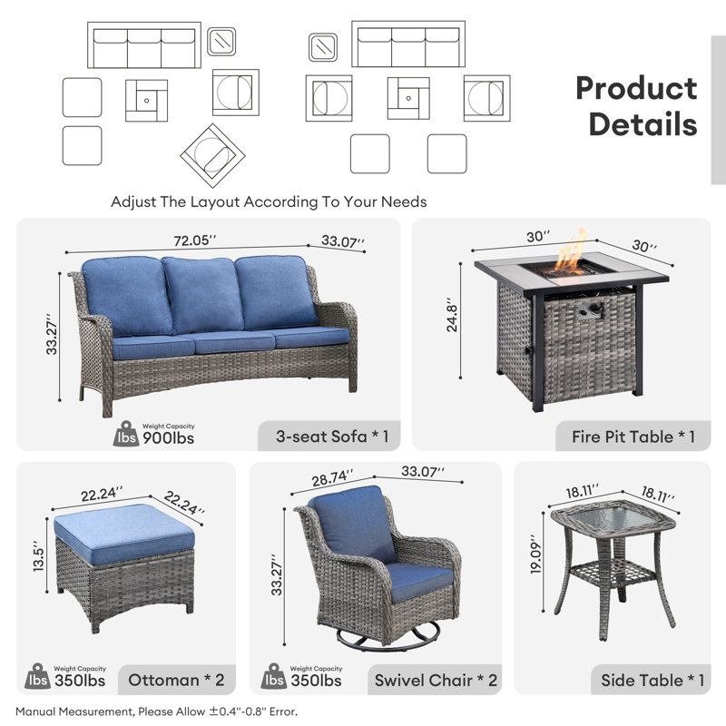 7 Piece Rattan Sofa Seating Group with Fire Pit and Cushions, Gray, Denim Blue