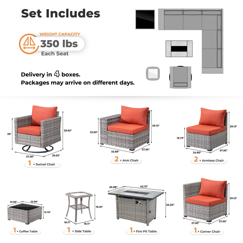 6-person Outdoor Sectional With Cushions,swivel Rockers And Fire Pit,all-weather Wicker Patio Set, Orange Red
