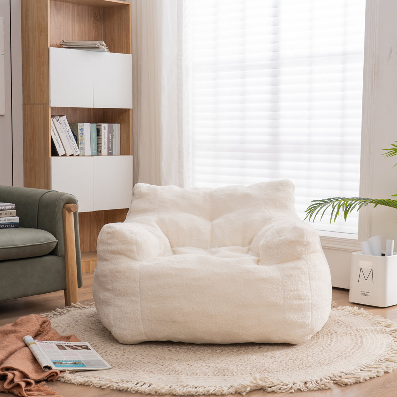 Soft Teddy Fabric Tufted Foam Bean Bag Chair With Teddy Fabric  Weight:Length39.37"×Width37"×Height27.56", White Faux Fur