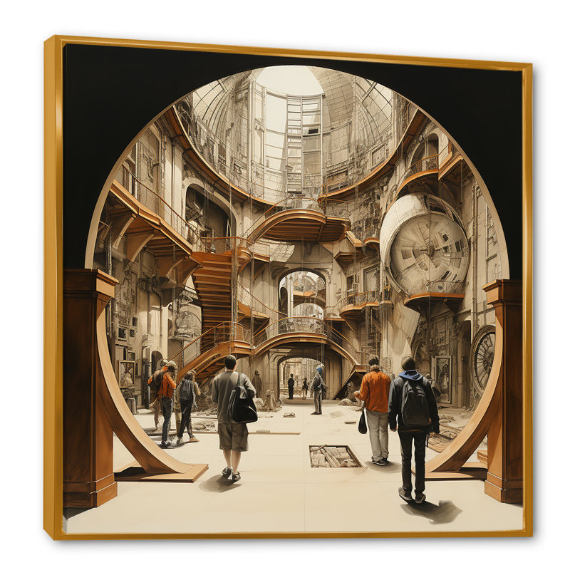 Musées, dessin I sur toile, Cadre flottant doré, H 24 po x l 24 po x P 1 po