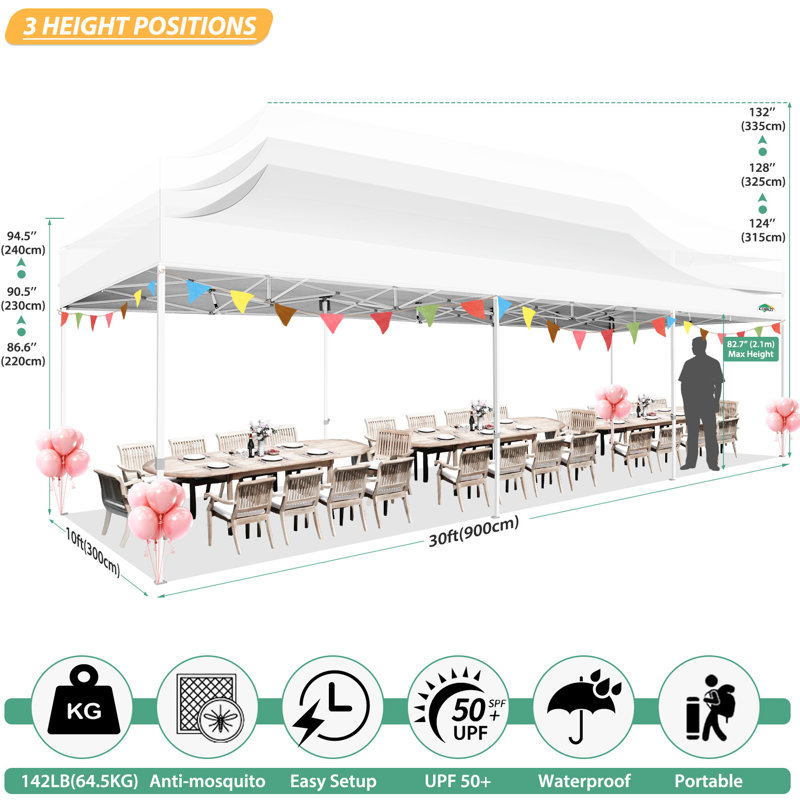 30 Ft. W x 10 Ft. D Pop up Gazebos with 8 Mosquito Netting Sidewalls, White