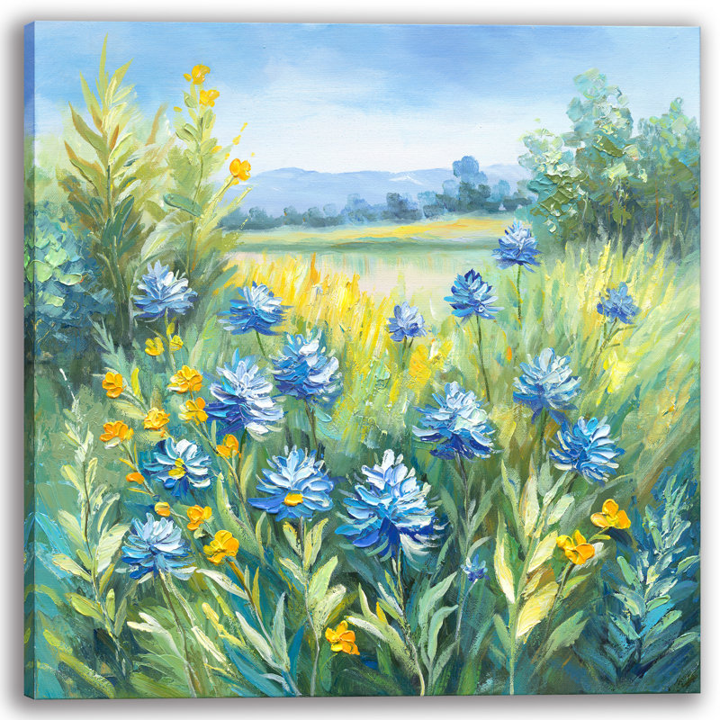 Art mural sur toile bleu vif et fleurs sauvages dans un champ ensoleillé, H 12 po x l 12 po x P 1 po