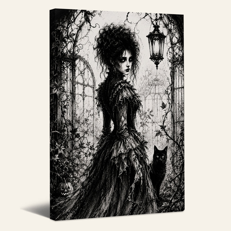 «Gothic Woman in Vines with Black Cat», art mural sur toile, H 48 po x l 36 po