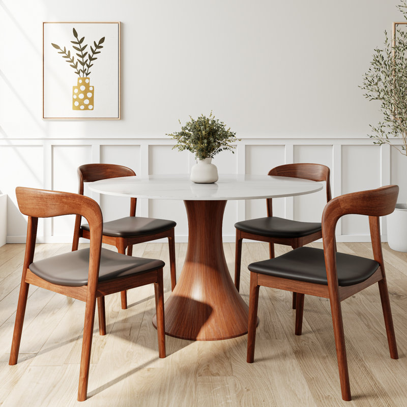 Tavion Farmhouse Dining Set - Stone Top Table & Upholstered Chairs 3/5-piece Kitchen Set, 5, 29.52" H x 39.37" W x 39.37" D