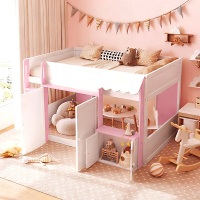 Lit mezzanine double avec maisonnette et rangement
