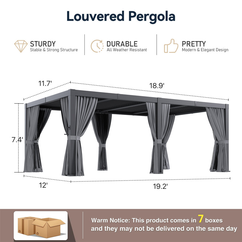 Pergola extérieure en aluminium de 6 m x 3,6 m avec toit à lames orientables, système de gouttières intégré, moustiquaire et rideaux