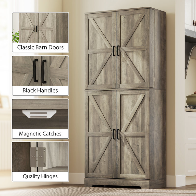 Garde-manger en bois de 72 po de hauteur avec support de porte et tablettes réglables, Gris délavé