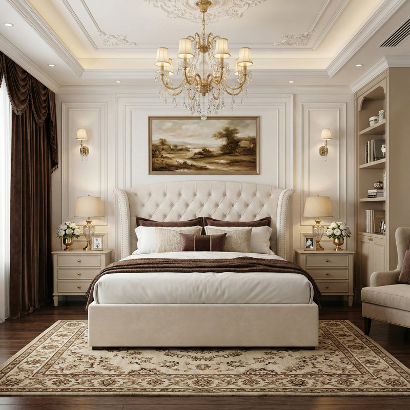 Velvet Tufted Wingback Platform Bed, 2 Storage Drawers, Sprung Slats, No Box Spring Needed, Queen, Cream