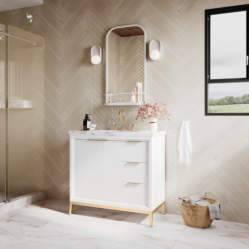 Meuble-lavabo simple 36 po avec plateau en marbre de Carrare Traverse, Blanc