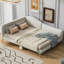 Lit de jour rembourré pleine grandeur beige - Conception avec accoudoirs et tête de lit avec tête de lit, système de pieds robustes de style moderne-1615668681-1615668684