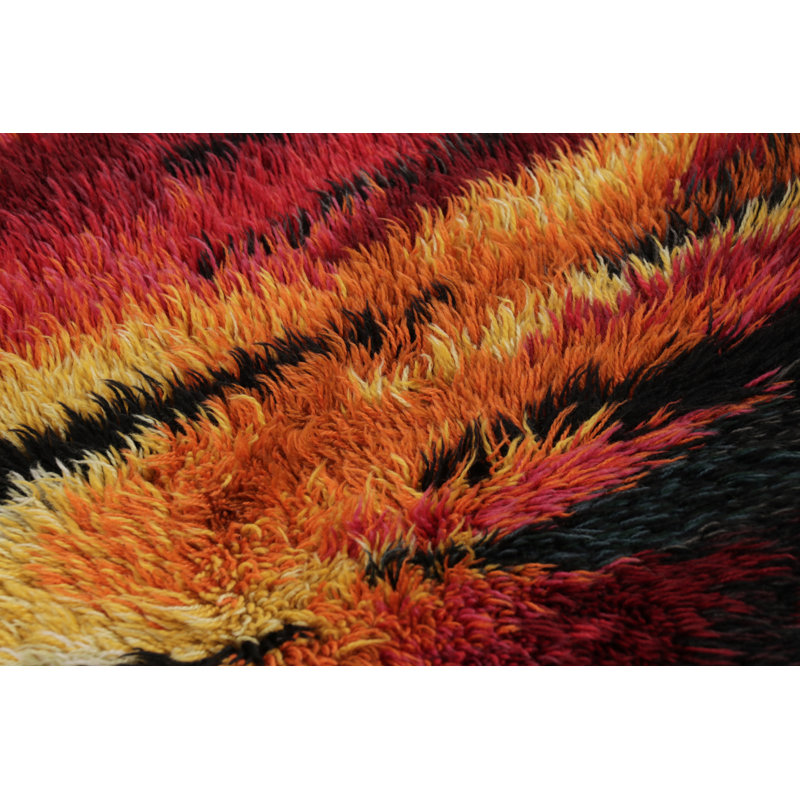 Vintage Swedish Rya Runner, Colorful Scandinavian Flame Patterns - Rug & Kilim