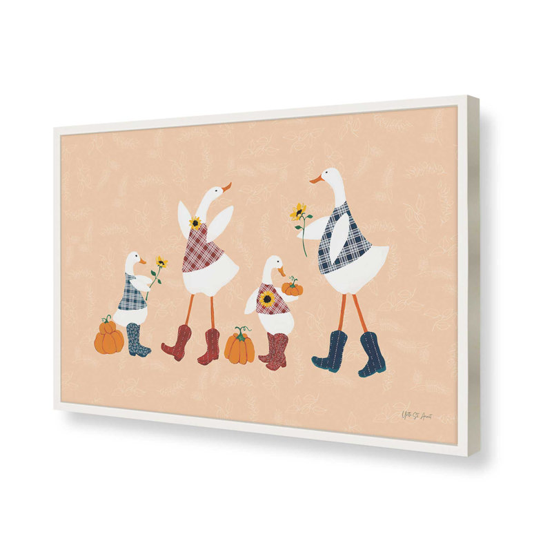 «Ducks in the Pumpkin Patch I» par Yvette St. Amant, reproduction d'art, H 24 po x l 36 po, Blanc