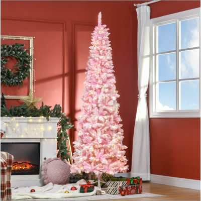 Sapin de Noël artificiel de 2,3 m (7,5 pi) préilluminé, recouvert de neige floquée, en forme de crayon, branches de pin réalistes, lumières DEL blanc chaud, ouverture automatique