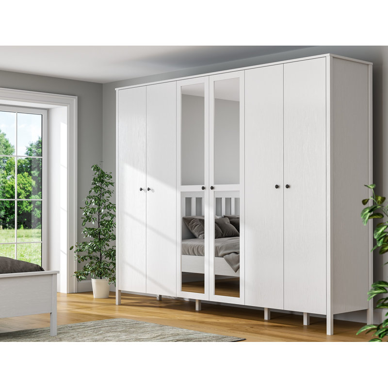Modern Scandinavian Wardrobe with Metal Handles, White & Wood Finish, 102.7 x 84.6 x 23.2 inches | 100% Melamine Coated Particle Board, 0.7 inch Thickness | Numerous Shelves, Wall-Mountable, Stylish & Functional Design