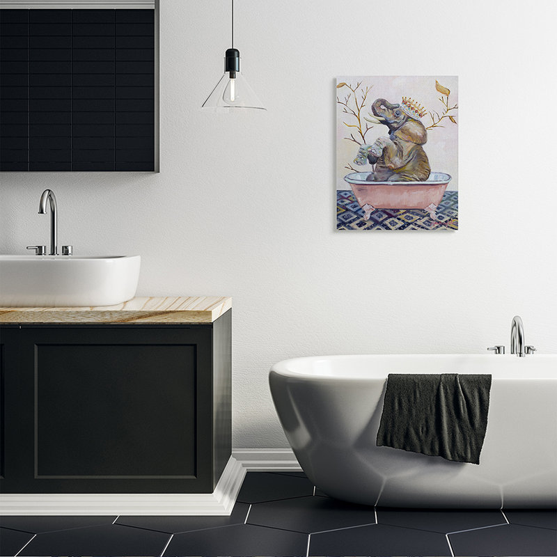 Regal Safari Elephant avec baignoire rose - impression d'art graphique, H 30 po x l 24 po x 1,5 po, Toile tendue