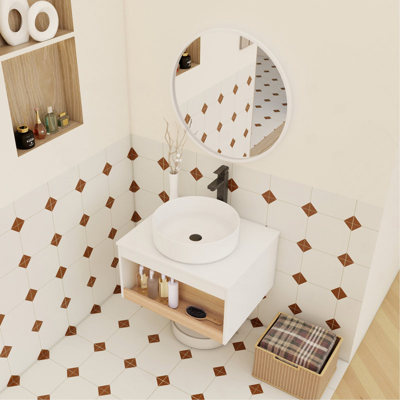 Meuble-lavabo flottant 24 po avec lavabo vasque rond blanc brillant, meuble-lavabo mural avec tablette ouverte, finition blanche avec comptoir durable, conception moderne peu encombrante (livré dans 2 boîtes)