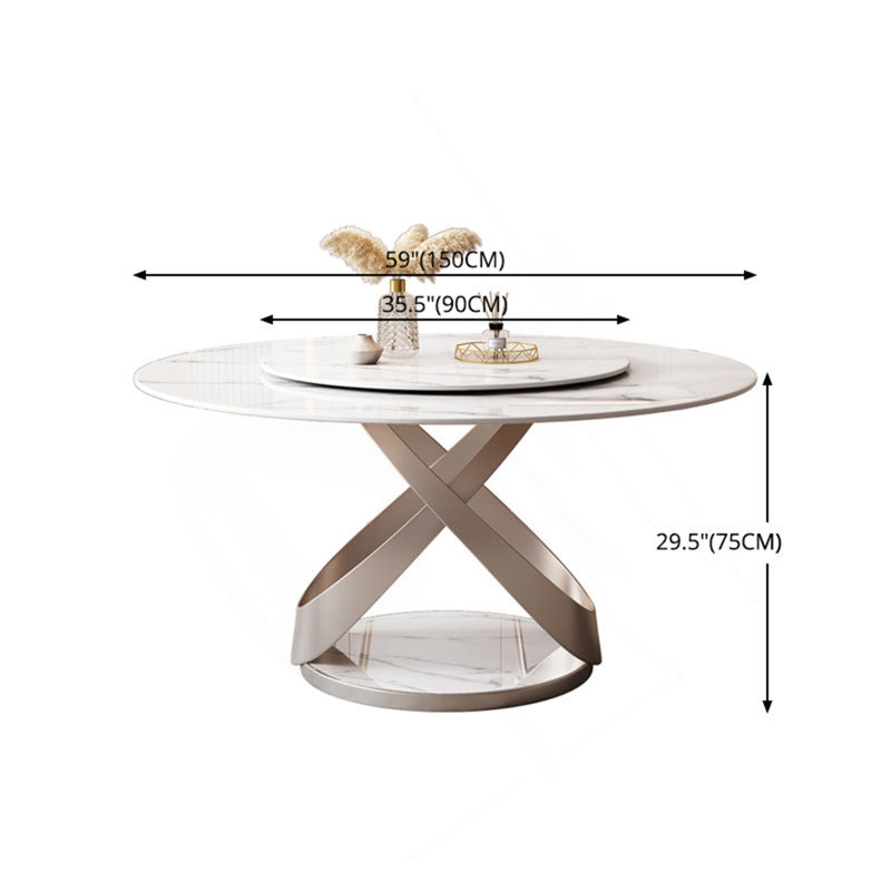 Table de salle à manger moderne en pierre frittée de 59,05 po avec plateau tournant rond de 31,5 po et piédestal exquis en métal avec chaises de 6 pièces.