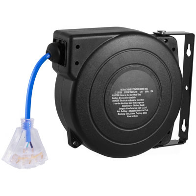 Retractable Extension Cord Reel, 45 FT, Heavy Duty 12AWG/3C SJTOW Retractable Power Cord with Lighted Triple Tap Outlet, 15 Amp Circuit Breaker 180° Swivel Bracket for Ceiling or Wall Mount