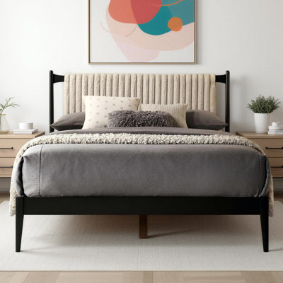 Ava Solid Wood Platform Bed with Upholstered Headboard