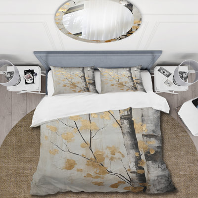 Tree Whispers Of Gray And Gold - Tree Monochrome Duvet Cover Set