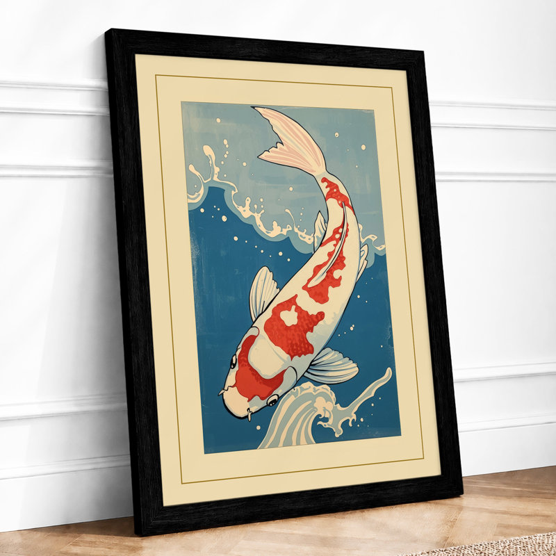 Leaping Koi Japandi - Framed Print, A2 - 59.4 x 42.0 cm, Black