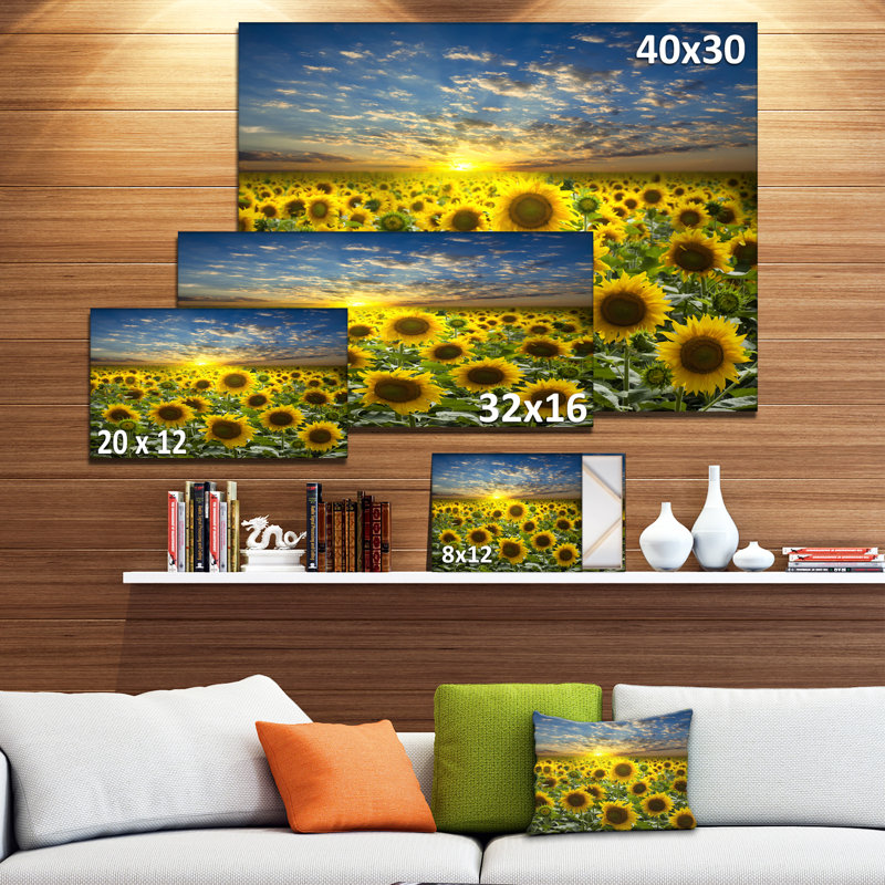 Champ de tournesols en fleurs - reproduction d'art sur bois massif, H 8 po x l 12 po, Toile tendue, Sans cadre
