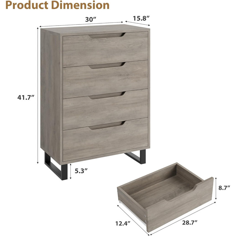 4 Dresser for Bedroom, 41.5" Tall Dresser, Freestanding Vertical Drawer Cabinet with Storage, Wooden Closet Storage Chest