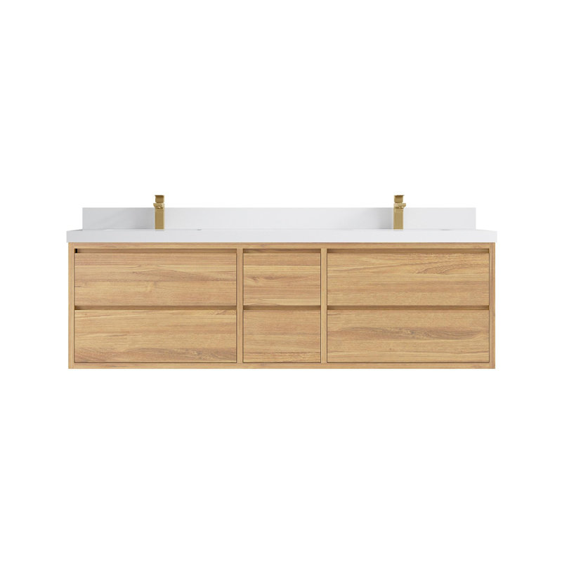 Meuble-lavabo double flottant en teck Madison, Blanc