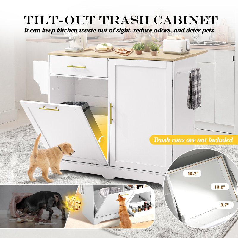 Chariot pour îlot de cuisine roulant avec abattant, îlots de cuisine portatifs avec armoire de rangement, tiroir, porte-serviettes à épices, table d'îlot de cuisine avec armoire de rangement pour poubelles, table d'îlot mobile, blanc