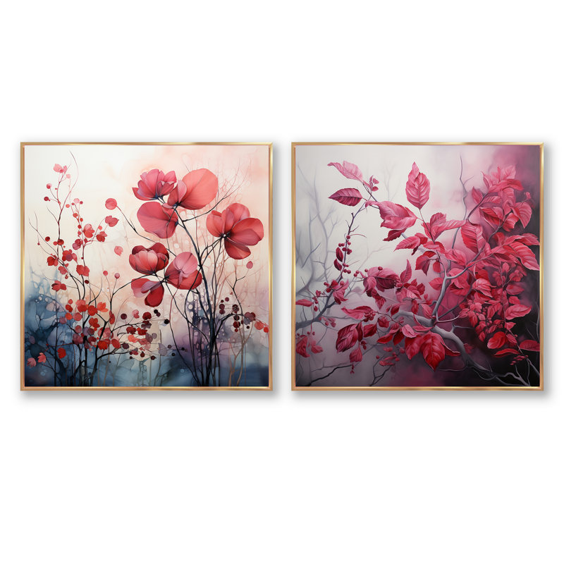 Feuilles de charme dans Moody Overcast - ensemble de 2 feuilles de collage carré, H 30 po x l 61 po, Cadre flottant doré