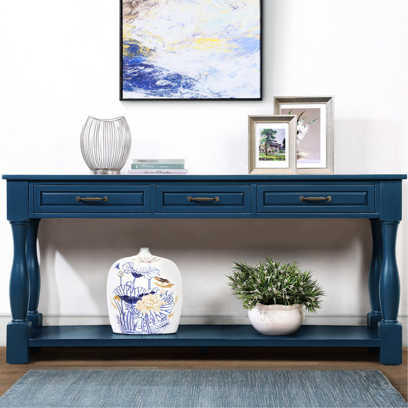 Console 63 pouces avec tablette. Bleu marine, bois massif, construction stable, processus d'assemblage sans effort de 63 po à 3 tiroirs et 1 structure en bois, robuste et fonctionnel, installation facile