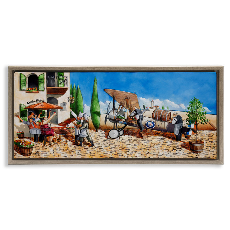 Art mural sur toile "Café et avion" par Ronald West, Cadre flottant orme Montalcino, H 14 po x l 31 po