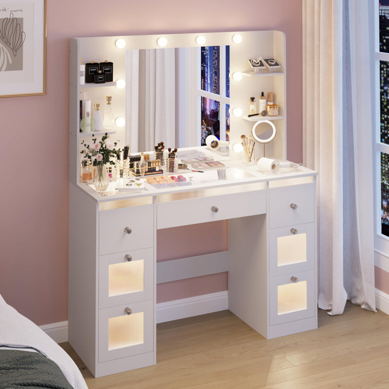 White Makeup Vanity Desk with Lighted Mirror & Glass Top | 7 Lighted Drawers, 4 Shelves & Power Outlet – 3-Color LED Lights, Dressing Table for Bedroom