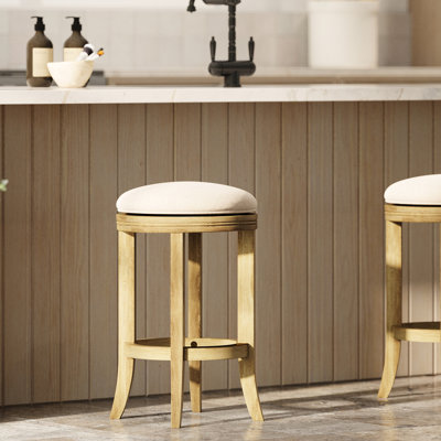 Pivot en bois 26 po sans dossier avec rotation à 360 degrés, siège rembourré crème, finition noyer doré, étapes d'assemblage faciles, assemblage