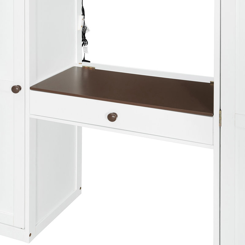Lit mezzanine avec escalier de rangement, coiffeuse intégrée avec miroir et tiroir, garde-robe et armoires, ports et lumières de chargement USB