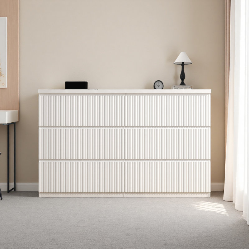 Armoire de rangement 6 tiroirs, commode, organisateur de vêtements en bois avec panneau de tiroir ondulé, commode large de 6 tiroirs