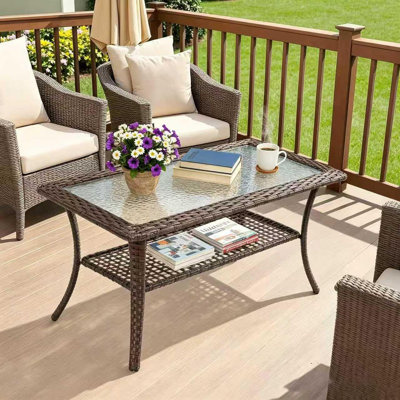 Outdoor Coffee Table - Patio Rattan Wicker Coffee Table with Tempered Glass Top and 2-Tier Storage Outdoor Table for Deck Porch Balcony Garden