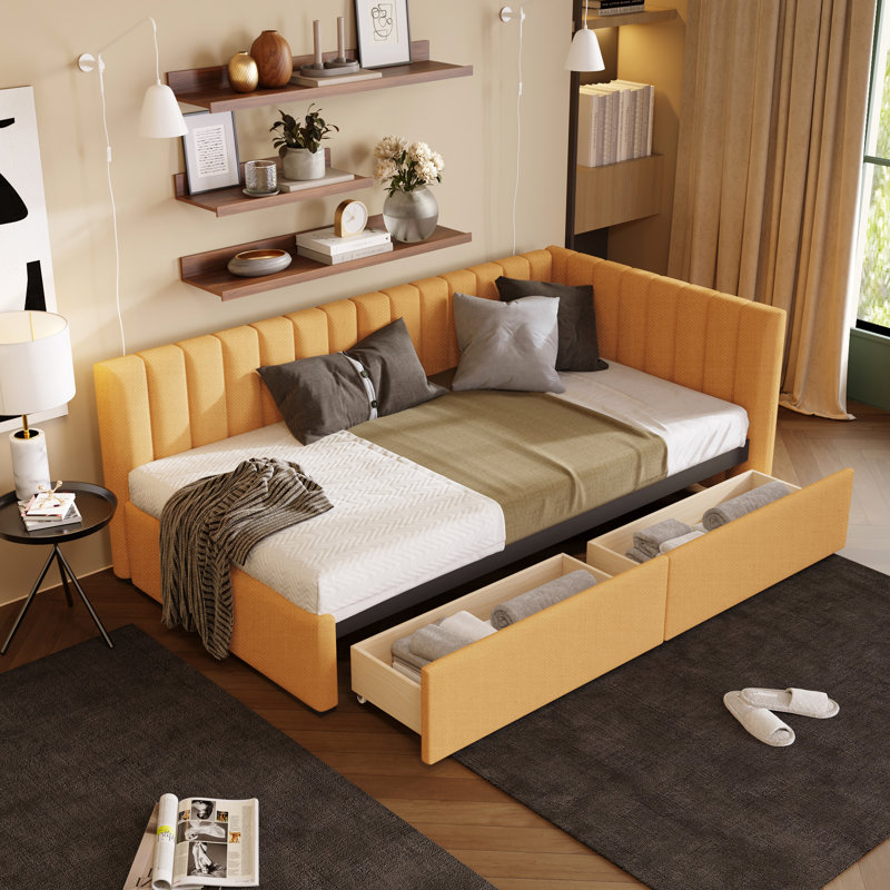 Lit de jour rembourré avec 2 espaces de rangement en lin jaune - lit simple, aucun sommier nécessaire pour une base de vie polyvalente