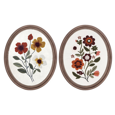 Vintage Floral Embroidery Wall Art Set, Botanical Textile Artwork with Decorative Beaded Frame, Traditional Wall Decor for Living Room Bedroom