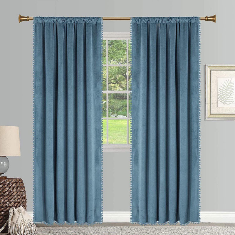 Pom Pom Soft Light Filtering Velvet Curtains with Rod Pocket for Bedroom and Living Room, 42" W x 96" L, Lake Blue