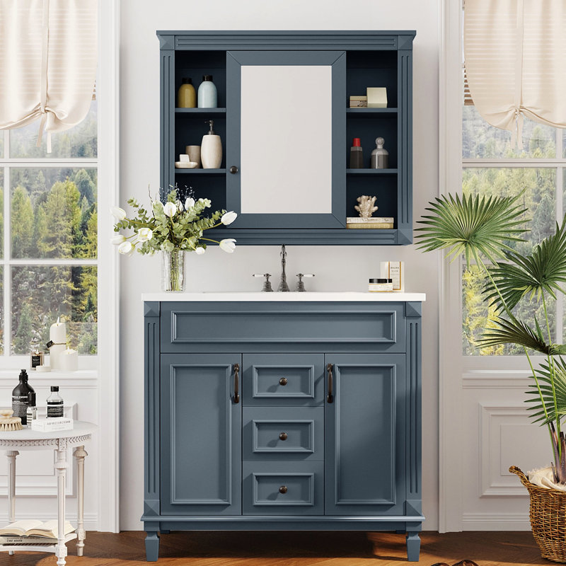 Armoire de salle de bain moderne avec lavabo, armoire à miroir bleue 36 po, meuble-lavabo à 2 portes et tiroirs